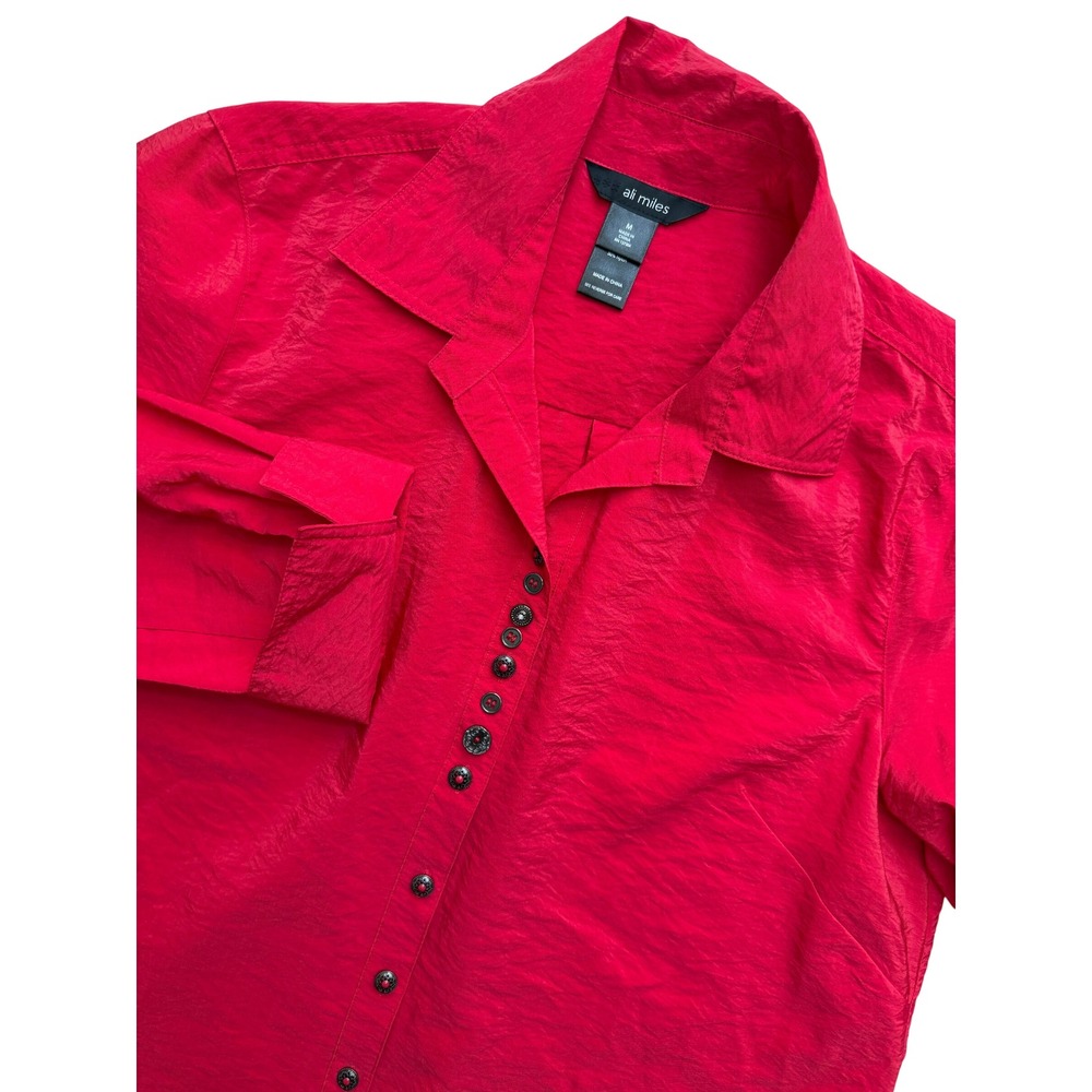 Ali Miles Red Crinkle Texture Button Down Shirt Womens Medium 3/4 Sleeve Artsy